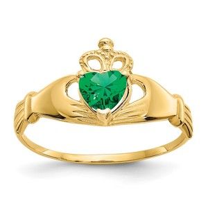 14k Gold Genuine CZ May Birthstone Claddagh Heart Ring, Size 7